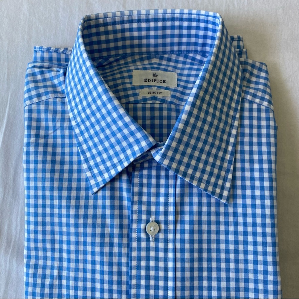 EDIFICE JAPAN men's light blue gingham check cotton dress shirt, 14.5"/37cm